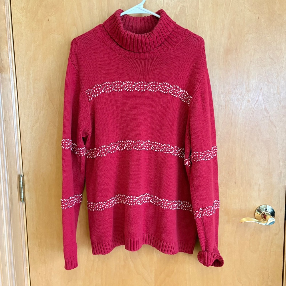 Liz Claiborne Red Knit Turleneck Sweater Festive Braided Detail Women XL